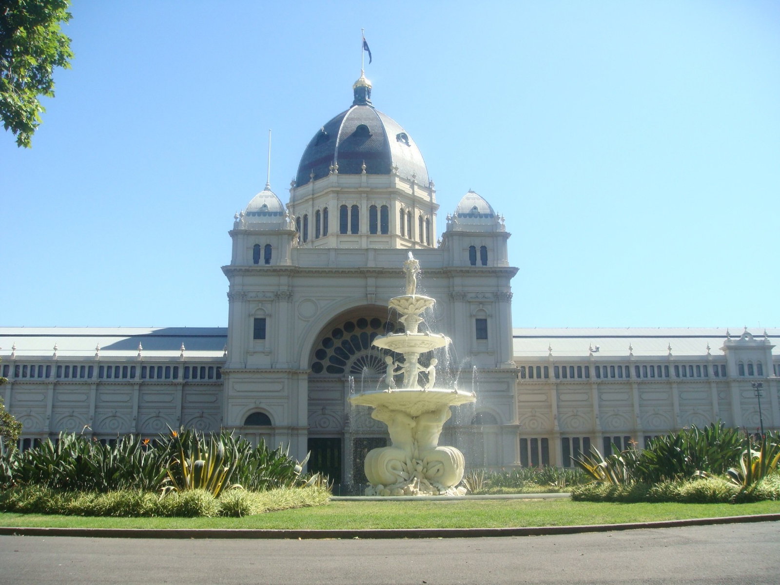 A building with a large fountain