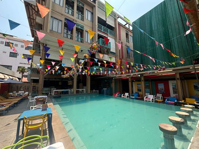 Accommodation on group tour in Siem Reap Cambodia. Pool and bar