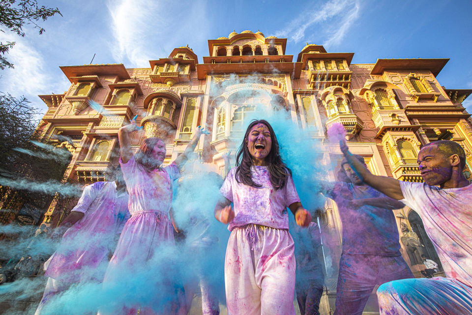 Travellers at colour festival in jaipur india