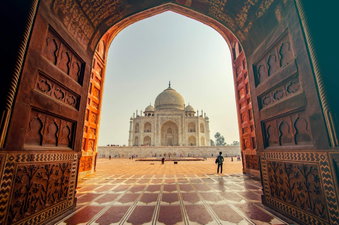 View of Taj Mahal in India at sunrise