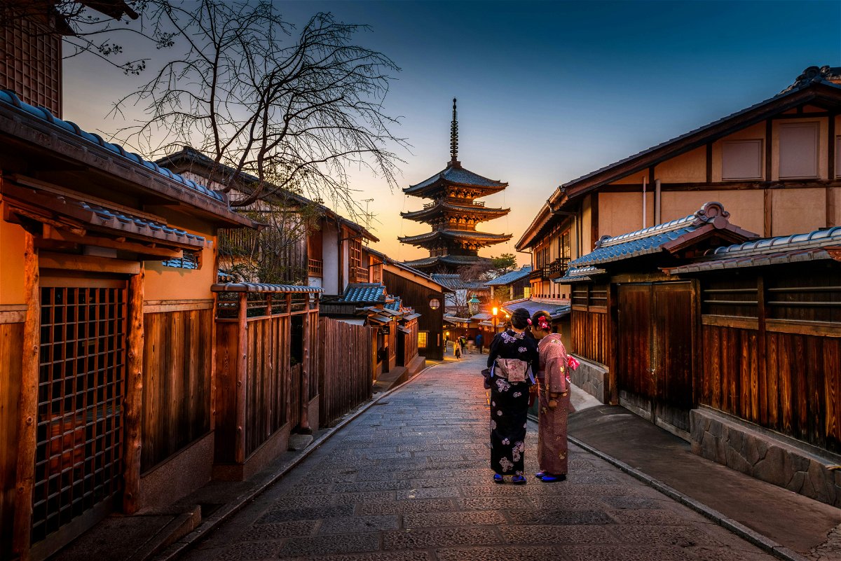 Kyoto street with geishas and temple
