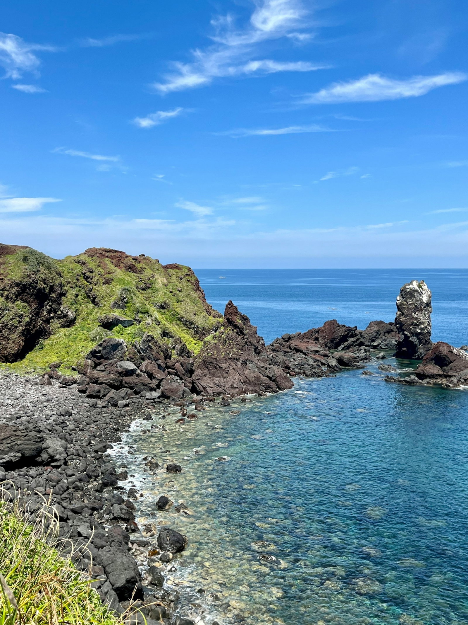 Island viewpoint with charcoal grey rocks and rugged emerald cliffs with bright sapphire ocean and sky