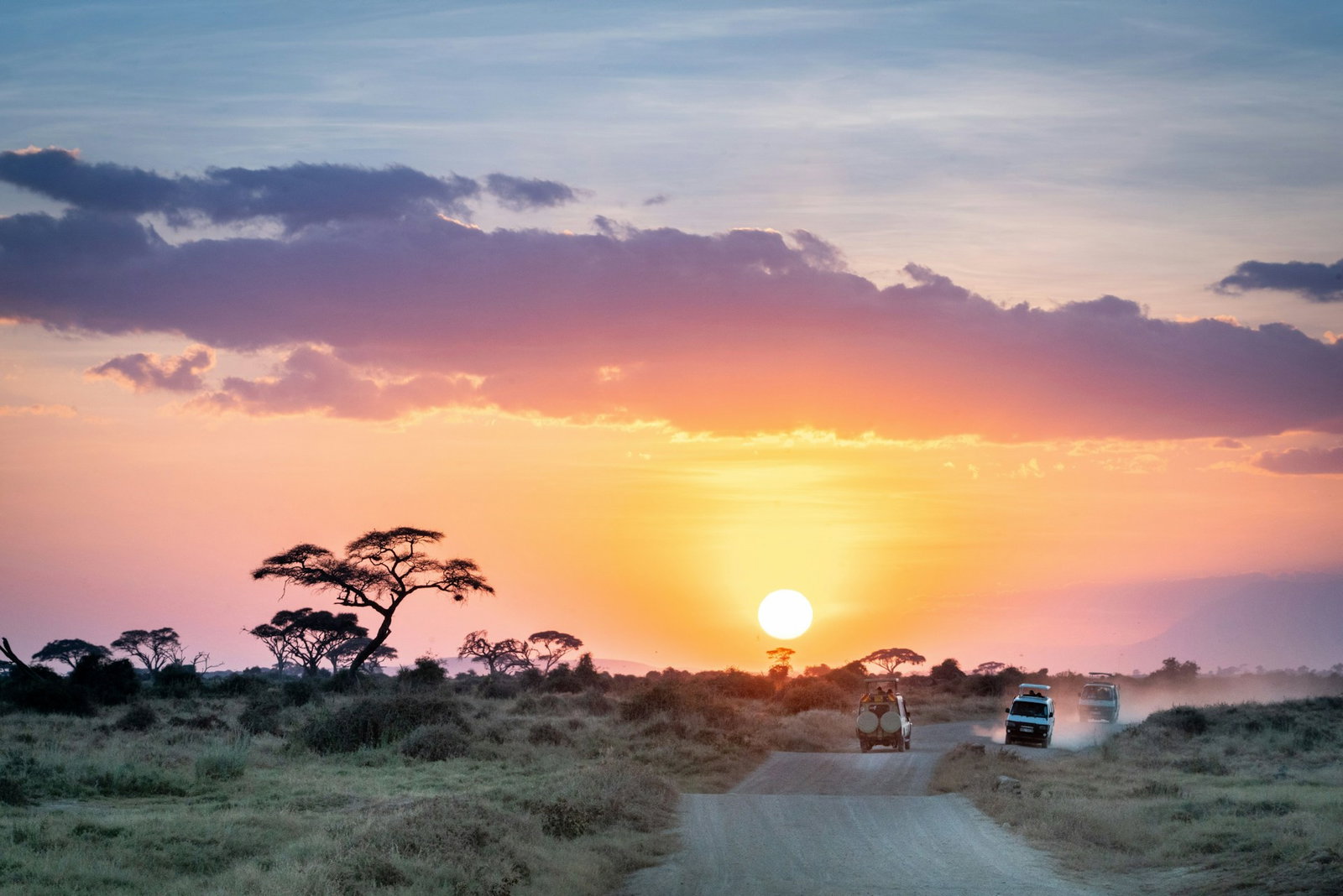 Golden haze over dry grasslands and curved roads with safari game vehicle driving off into the sunset