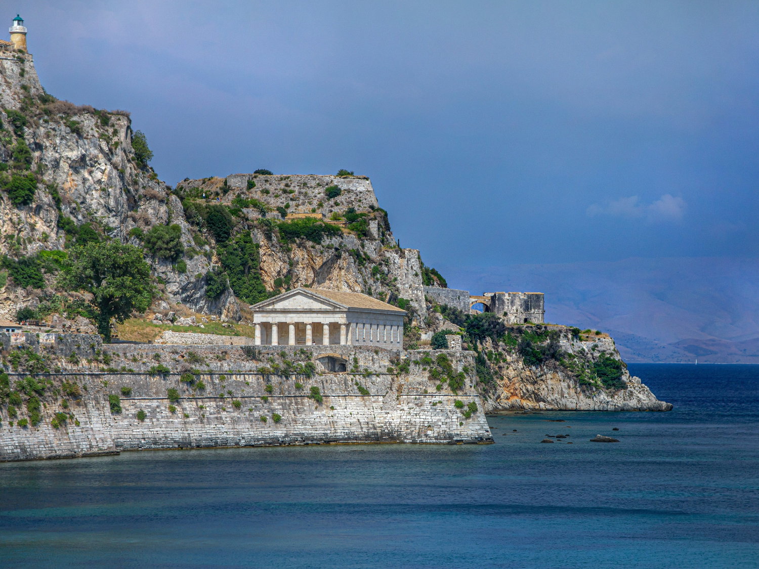 View of Greek ruins in Kerkyra Corfu near the ocean