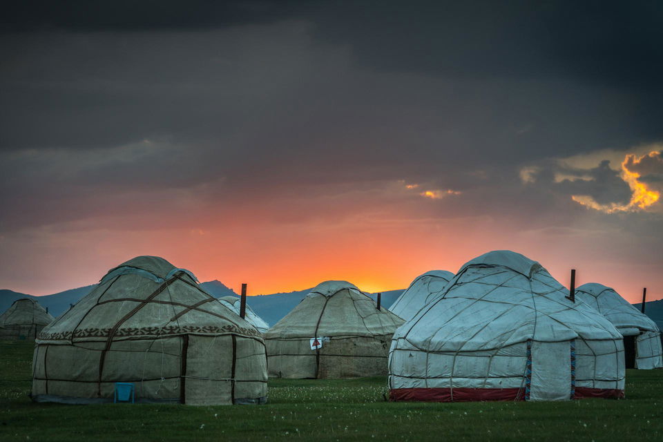 kyrgyzstan Song Kul yurts at sunset