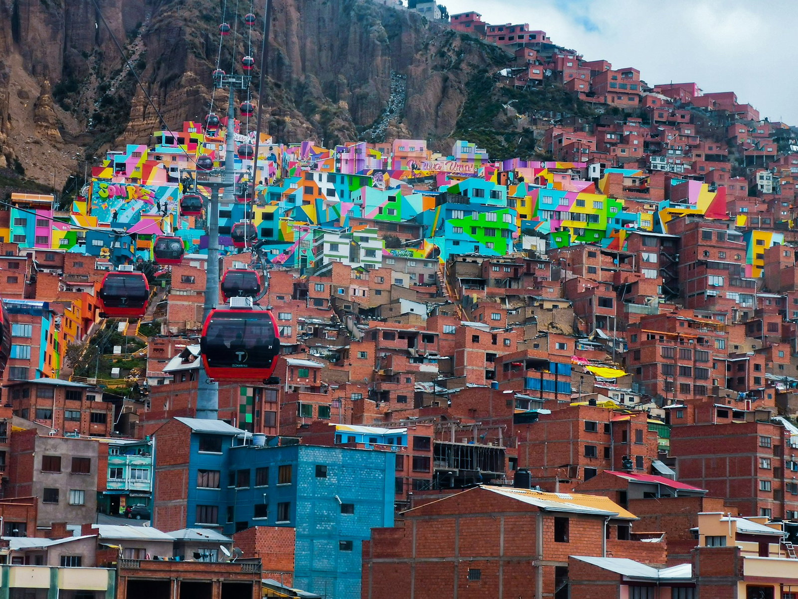 Chualluma in La Paz Bolivia. Colourful buildings and cable car
