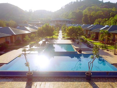 View of accommodation huts and hotel near pool at labuan bajo, Komodo Islands, Indonesia