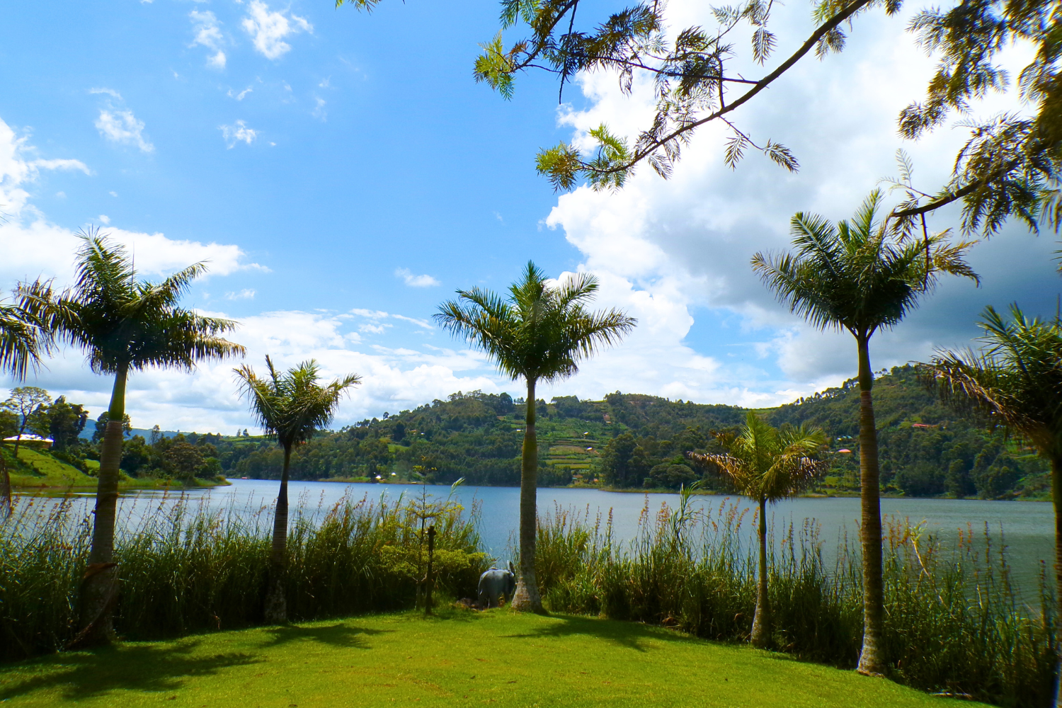 Lake Bunyonyi in Uganda, surrounded by hills and trees