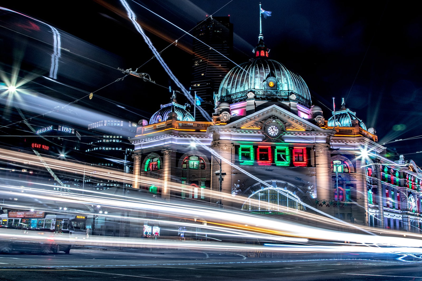 Flinders Street Station lit up at night