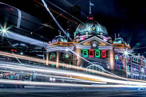 Flinders Street Station lit up at night
