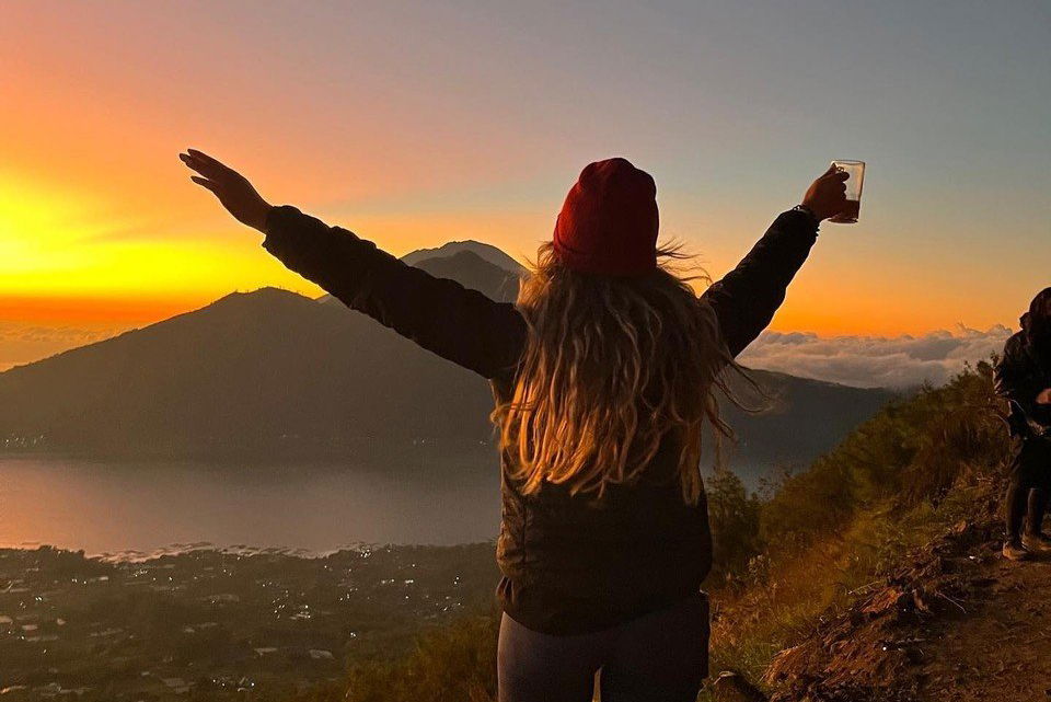 Group traveller at mount batur bali at sunrise on trek