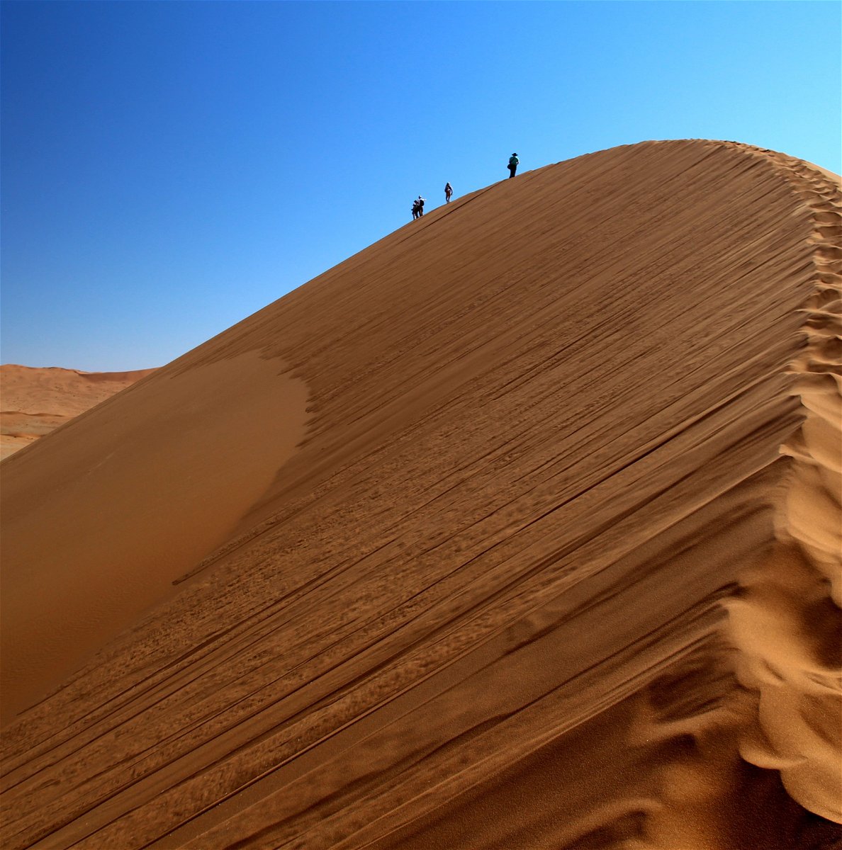  Travellers walking on top of hill in dessert.