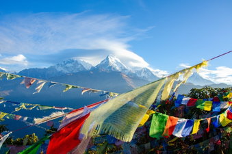 View of Nepal Mount Everest with colourful flags