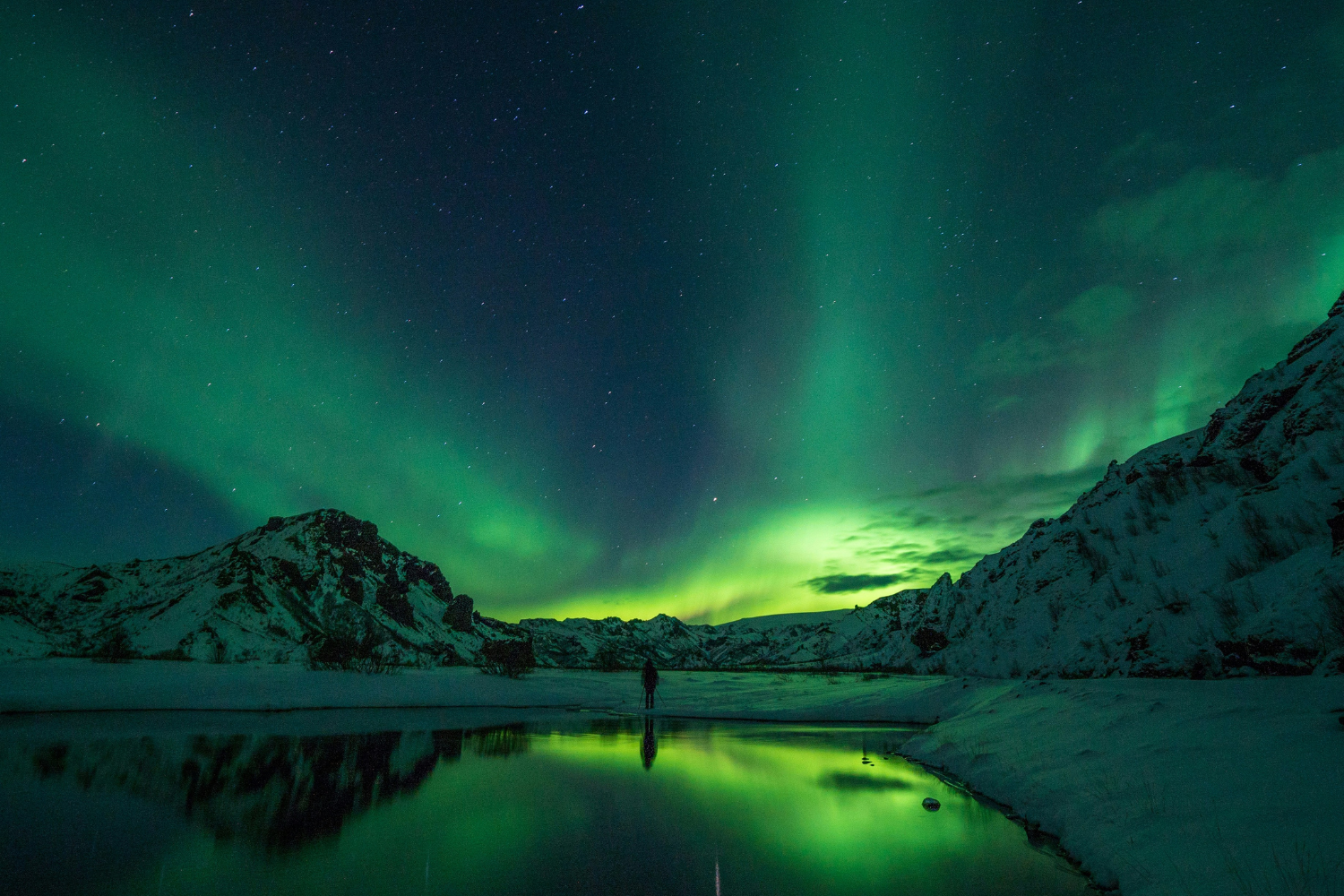 Traveller looking out at green light beams, the Northern Lights, a bucket list travel experience on Iceland trips