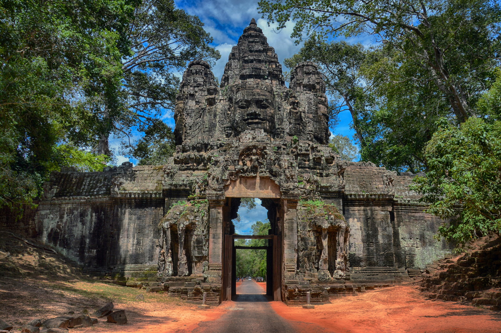 Stone-carved entrance to Angkor Wat temple in Cambodia