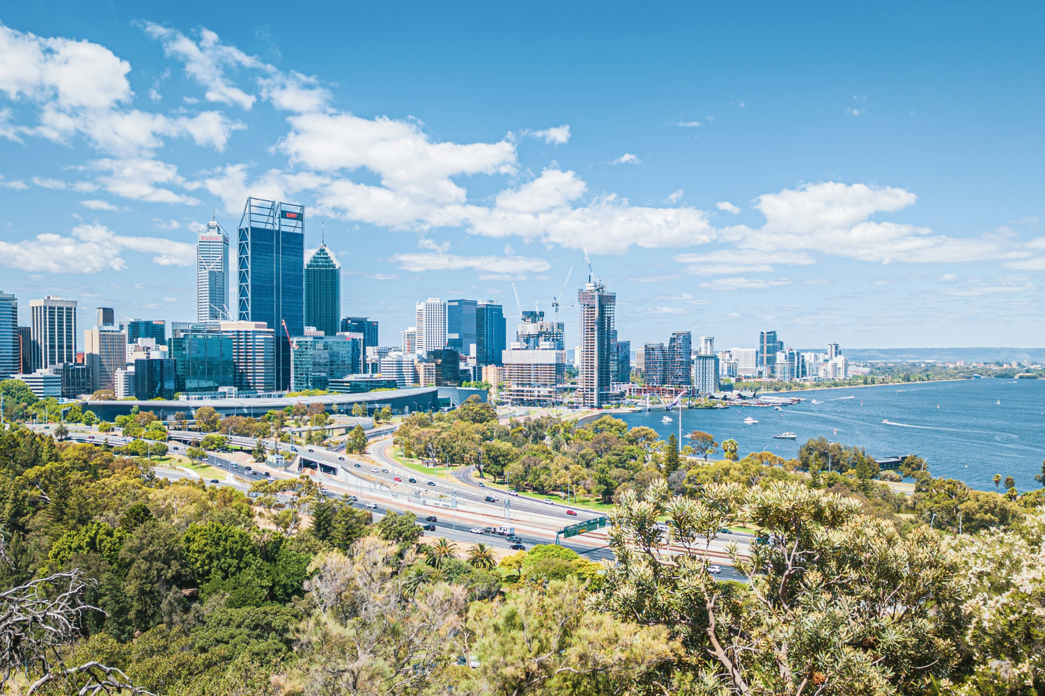 Perth skyline from Kings Park, with a view of the ocean and highway, in Australia
