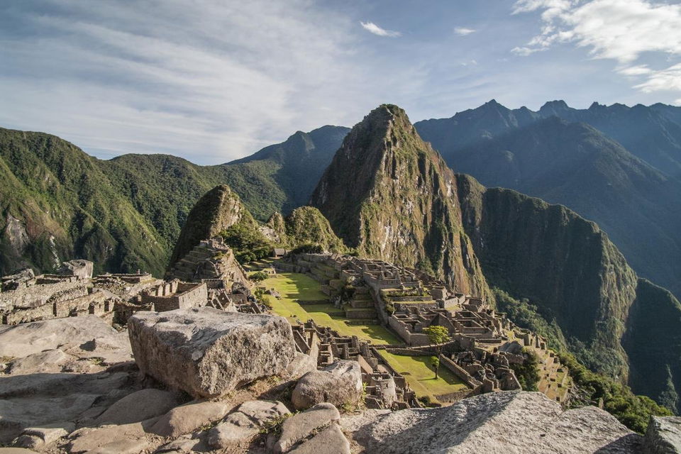 Scenic view of Machu Picchu ruins in Peru on clear day