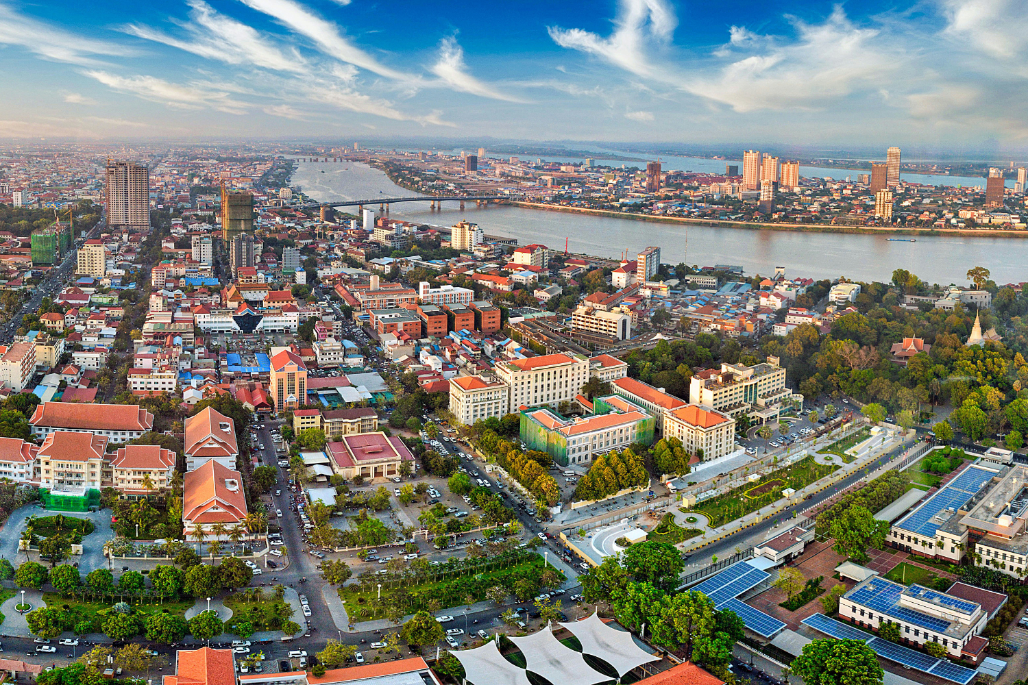 Landscape of Phnom Penh cityscape with the Mekong River