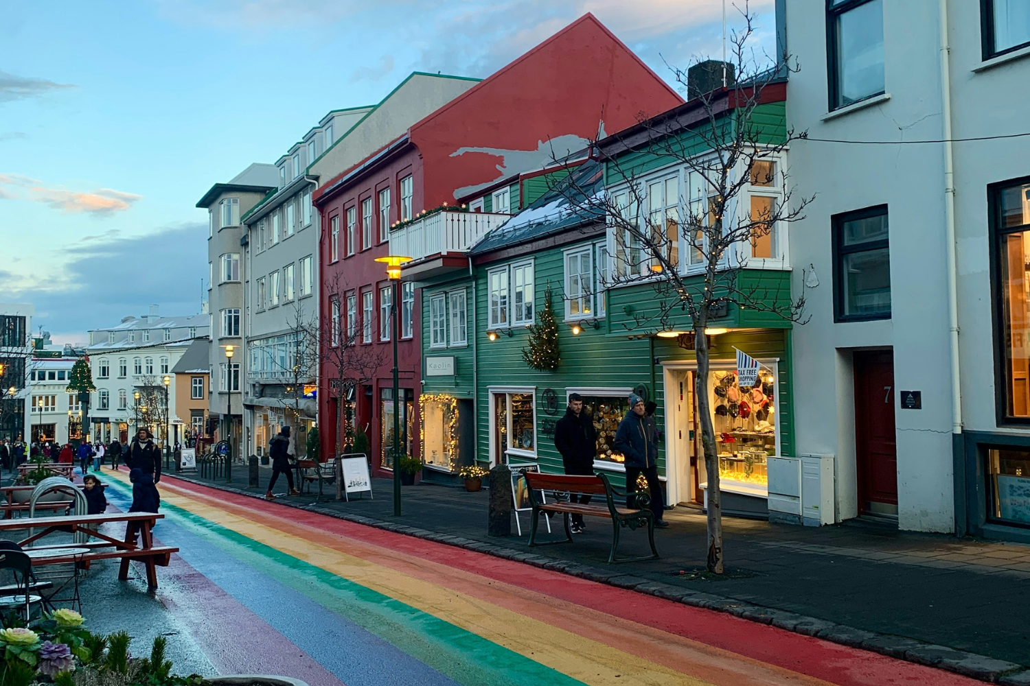 The famous rainbow street, alongside colourful shops, in Reykjavik, Iceland's capital