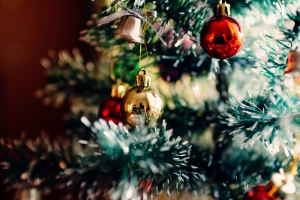 Baubles hanging on a Christmas tree