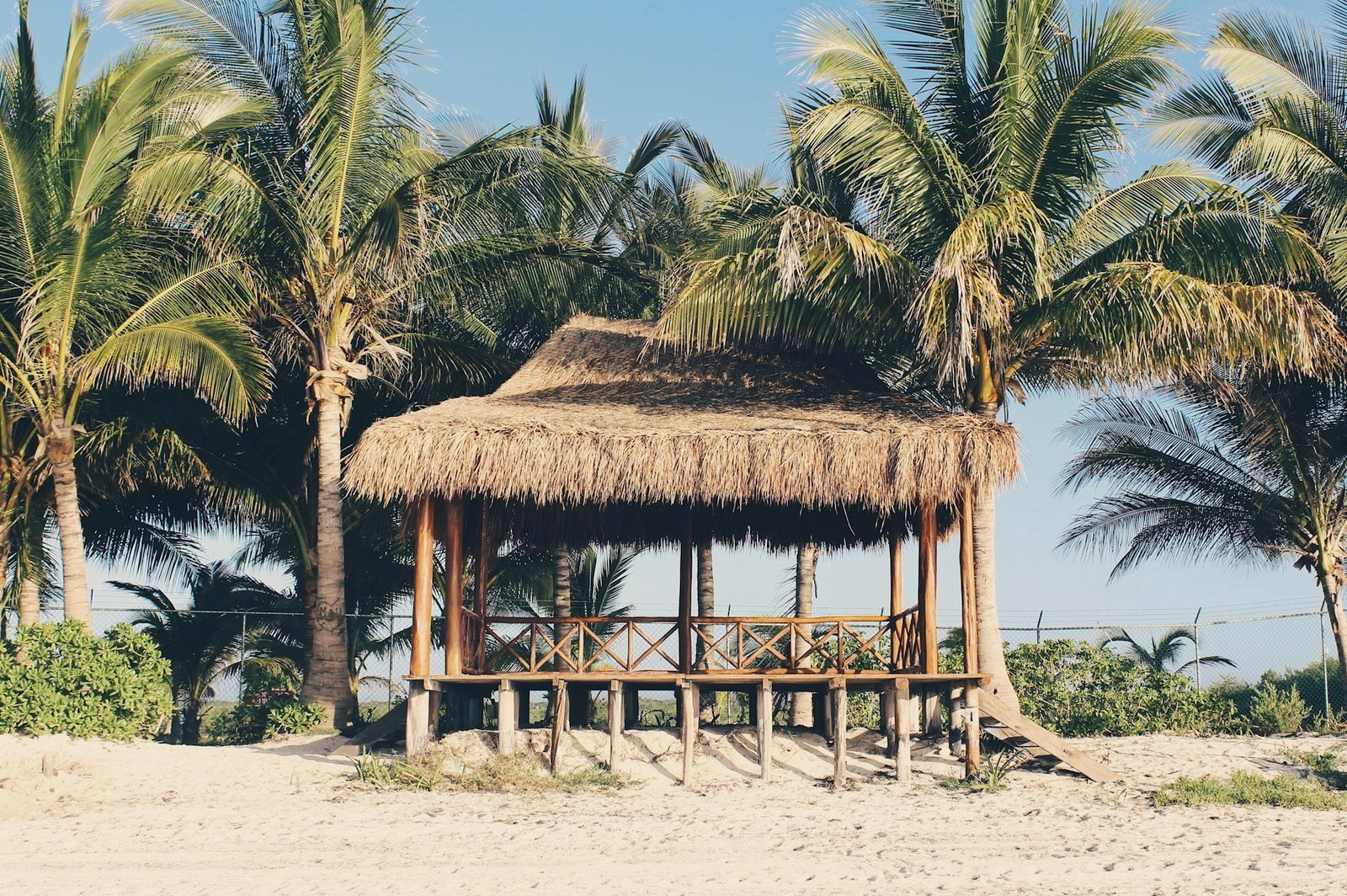 Rustic pergula with thatched roof near palm trees on a pale gold sandy beach