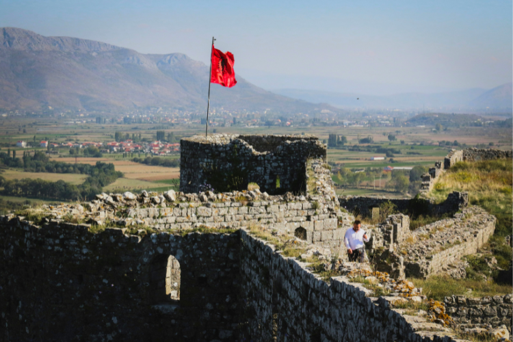 Traveller walking around the ruins of Rozafa Castle in Shkoder, Albania