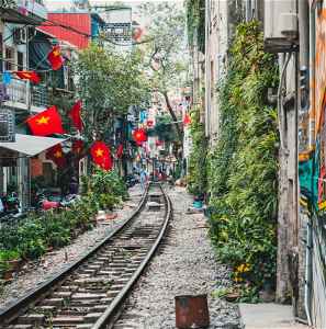 train tracks though the busy streets of Hanoi, Vietnam
