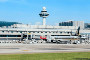 Changi Airport in Singapore with plane at gate
