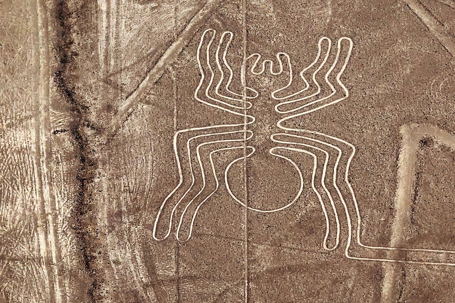 Spider outline on dark sand in Peruvian desert, Nazca Lines