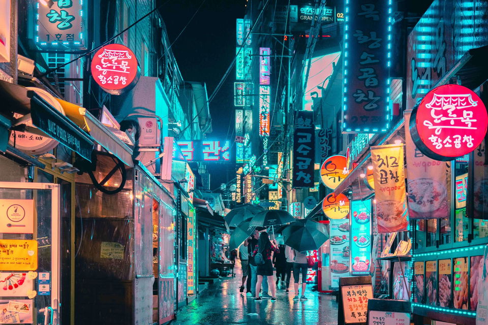 Seoul neon lit street in South Korea