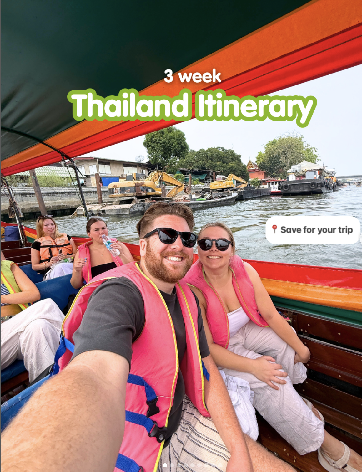 3 week Thailand itinerary with travel couple on long-tail boat in Bangkok, Thailand