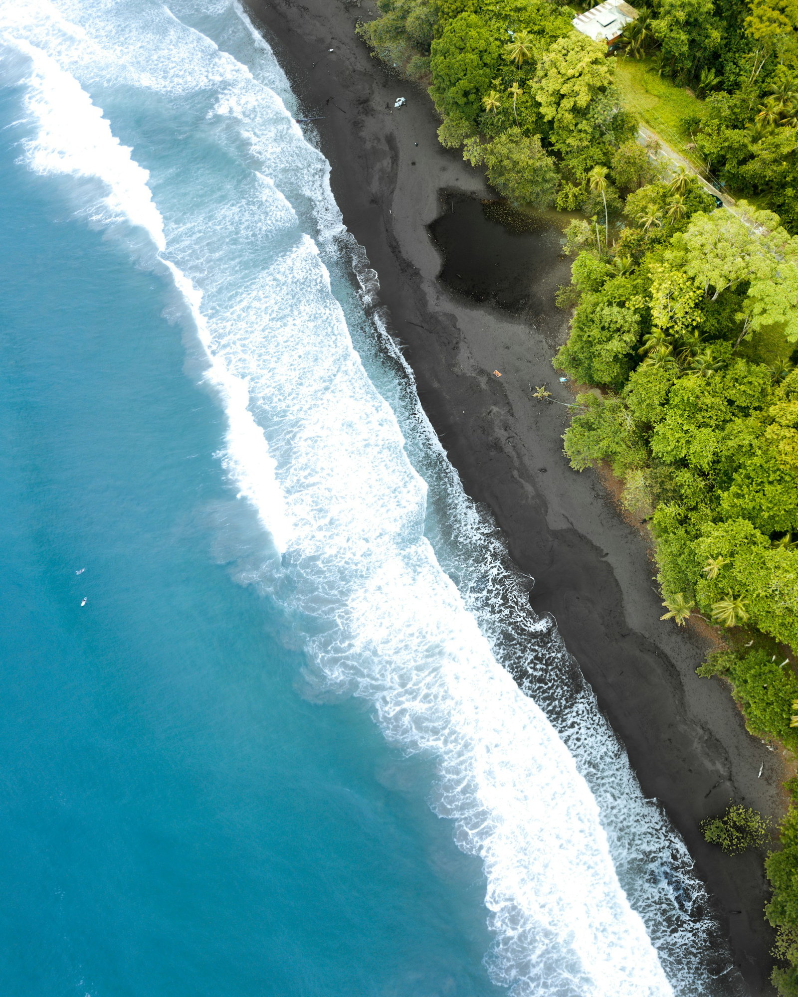 stretch of black sand with bright blue ocean and crashing waves with lime green jungle to the right, one house can be spotted
