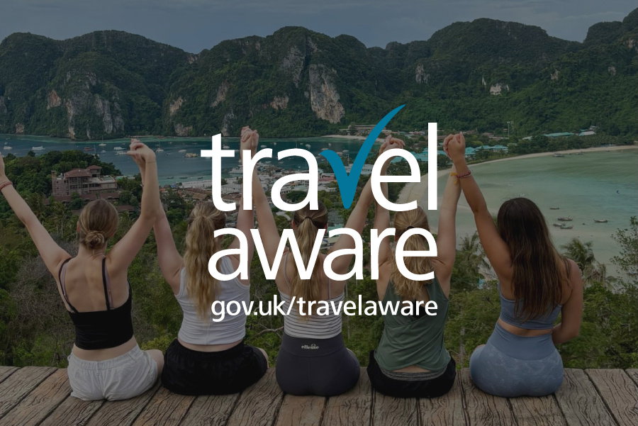 Travel Aware gov.uk/travelaware with group of travellers looking over Koh Phi Phi Viewpoint