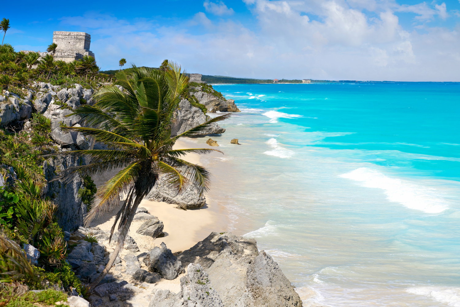 Palm trees on golden coast with grey rocky cliffs and ancient ruins facing out to bright blue ocean on a cloudy day