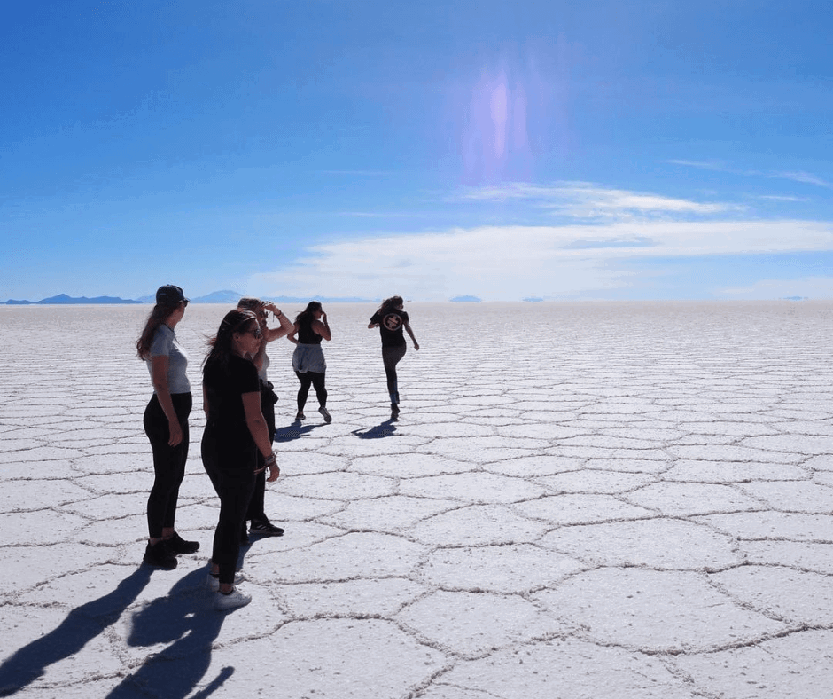 Travellers at the salt flats in Uyuni 