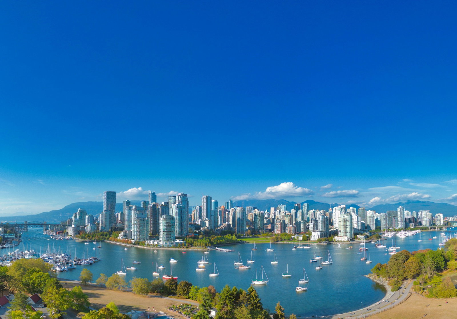 City with modern skyscrapers and sailing harbour with green park stretches