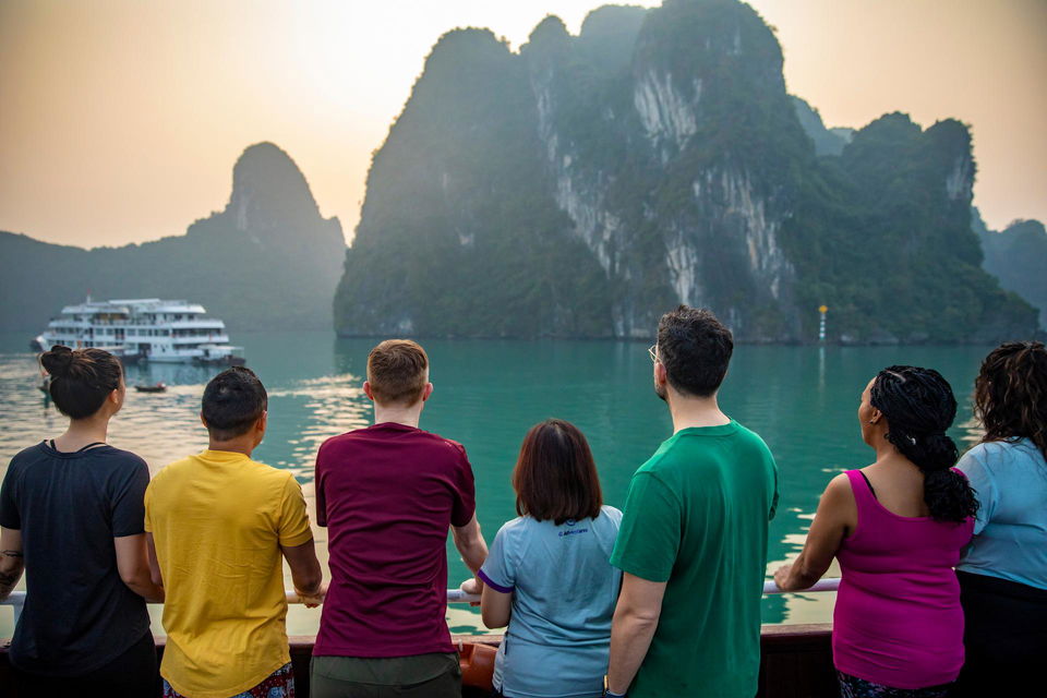 People looking over Ha Long Bay in Vietnam