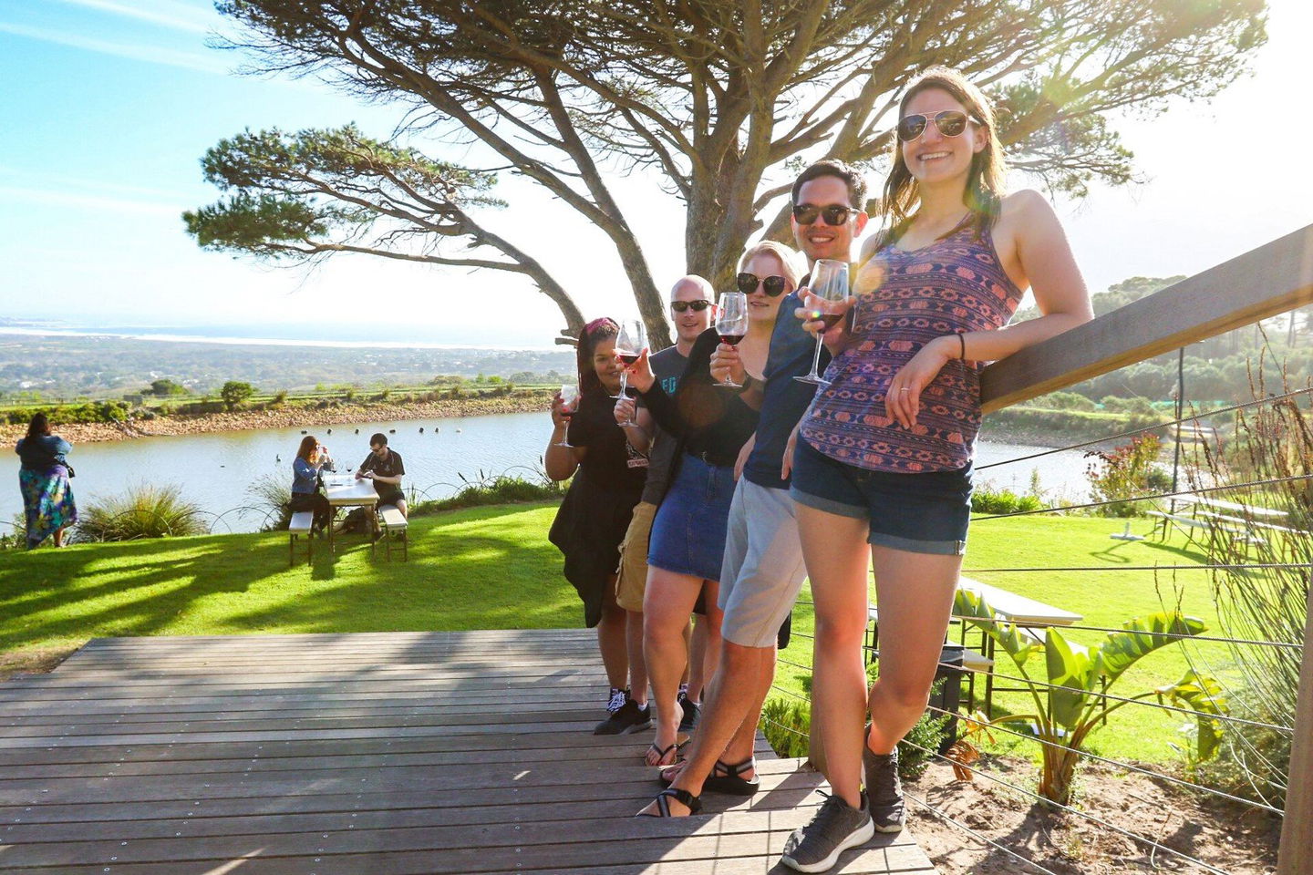 Travellers drinking wine in South Africa