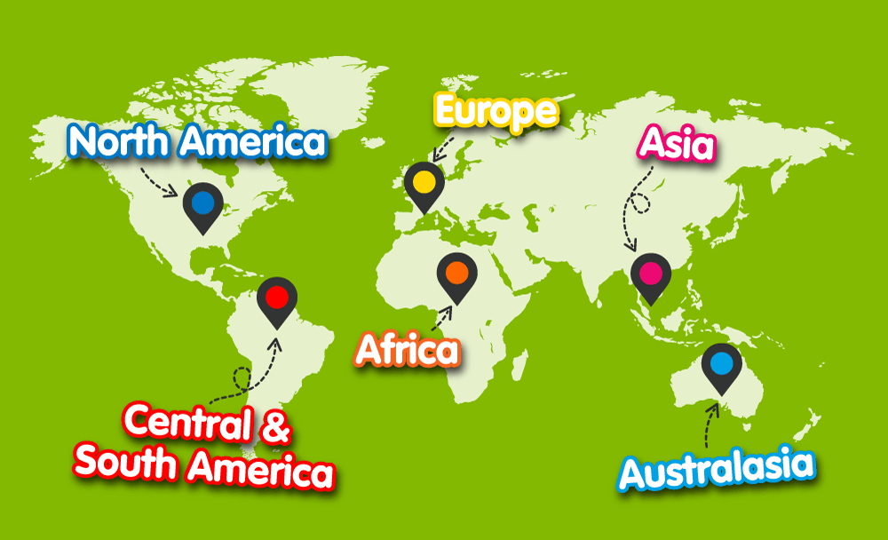 World map in green with pointers displaying all continents 